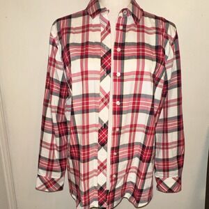 Talbots Women's Petite LP Red/White/Green Plaid Collared 100% Cotton Button-Up